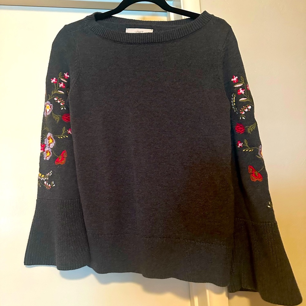 LOFT Gray Sweater with Floral Embroidery